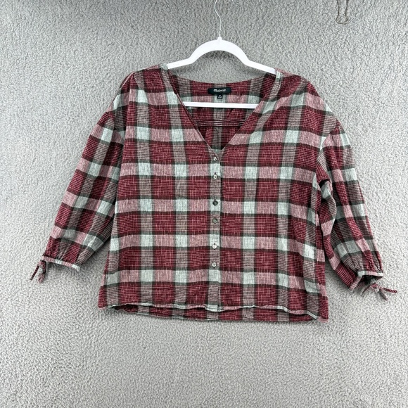 Madewell Plaid Button Front Peasant Blouse Red Gray Check XS 100% Cotton - Picture 2 of 11
